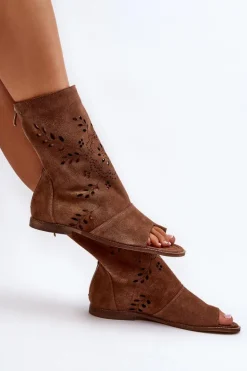 Zazoo 3437 Damskie Zamszowe Sandały Z Cholewką Na Zamek Brązowe