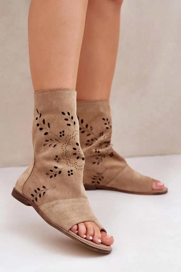 Zazoo 3437 Damskie Zamszowe Sandały Z Cholewką Na Zamek Beżowe