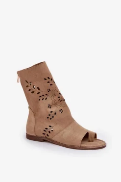 Zazoo 3437 Damskie Zamszowe Sandały Z Cholewką Na Zamek Beżowe