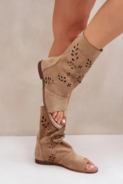 Zazoo 3437 Damskie Zamszowe Sandały Z Cholewką Na Zamek Beżowe