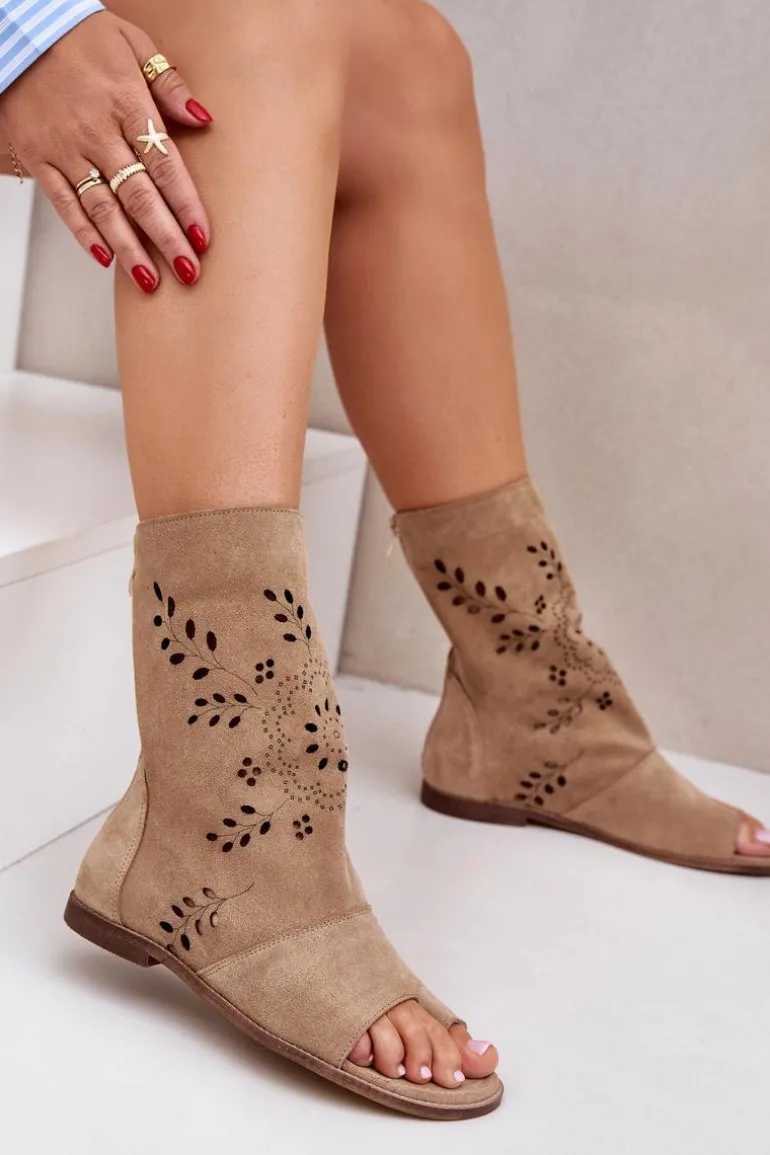 Zazoo 3437 Damskie Zamszowe Sandały Z Cholewką Na Zamek Beżowe