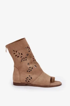 Zazoo 3437 Damskie Zamszowe Sandały Z Cholewką Na Zamek Beżowe