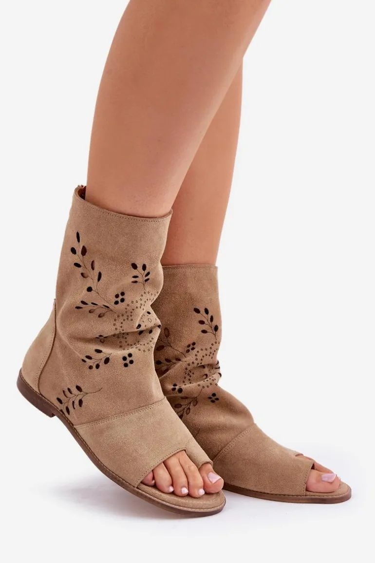 Zazoo 3437 Damskie Zamszowe Sandały Z Cholewką Na Zamek Beżowe