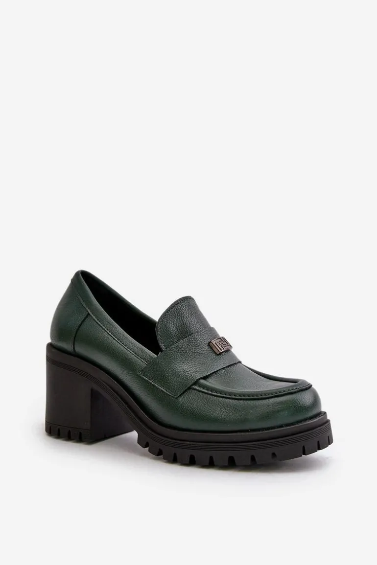 Zazoo 20168 Eleganckie Półbuty Damskie Na Słupku Skóra Naturalna Ciemnozielone