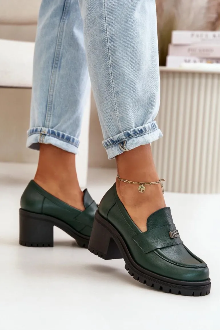 Zazoo 20168 Eleganckie Półbuty Damskie Na Słupku Skóra Naturalna Ciemnozielone