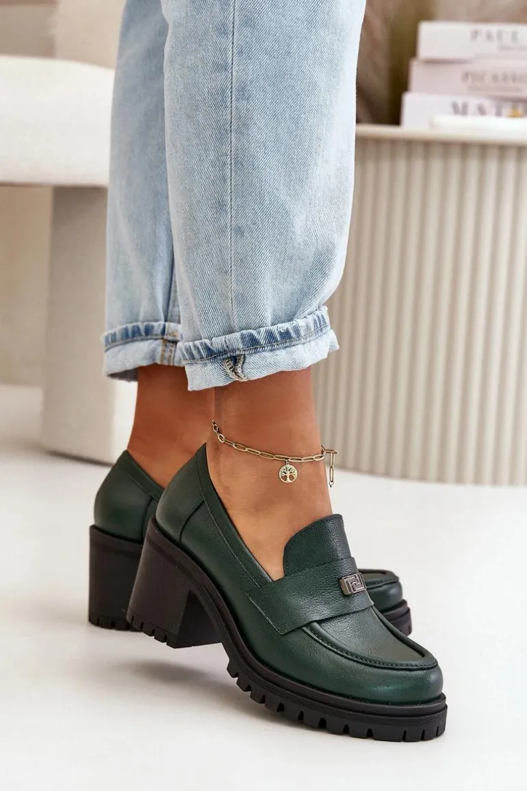 Zazoo 20168 Eleganckie Półbuty Damskie Na Słupku Skóra Naturalna Ciemnozielone
