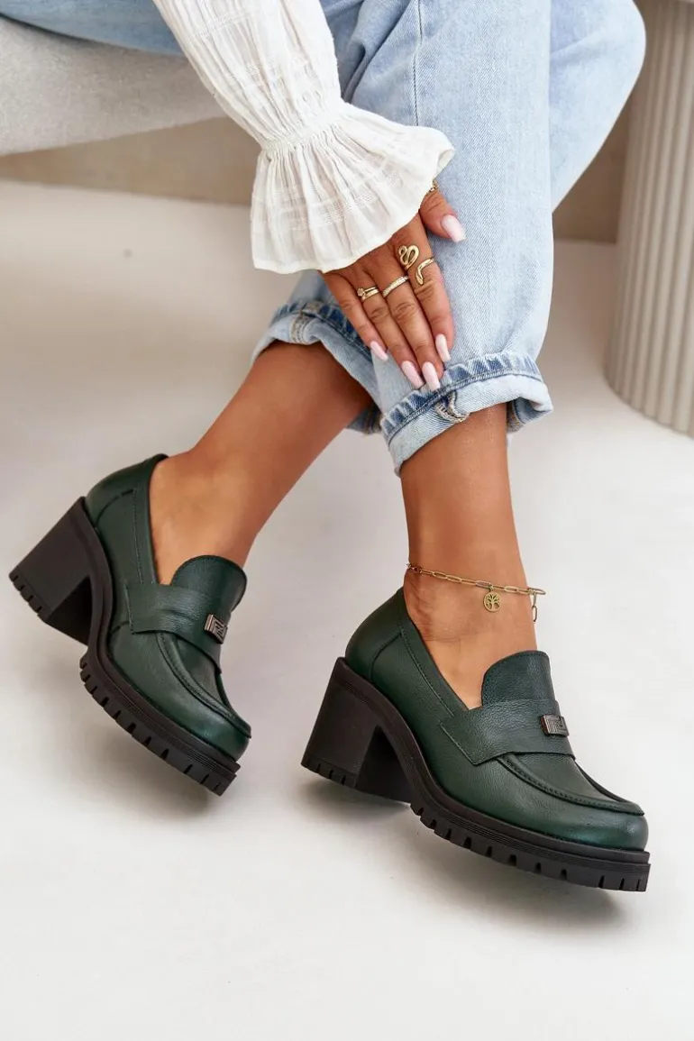 Zazoo 20168 Eleganckie Półbuty Damskie Na Słupku Skóra Naturalna Ciemnozielone