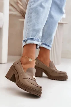 Zazoo 20168 Eleganckie Półbuty Damskie Na Słupku Skóra Naturalna Ciemnobeżowe