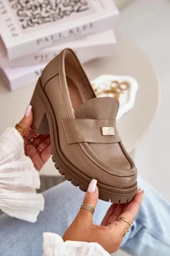 Zazoo 20168 Eleganckie Półbuty Damskie Na Słupku Skóra Naturalna Ciemnobeżowe