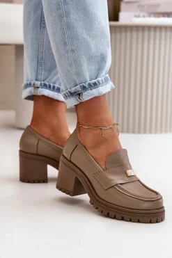 Zazoo 20168 Eleganckie Półbuty Damskie Na Słupku Skóra Naturalna Ciemnobeżowe