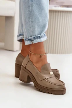 Zazoo 20168 Eleganckie Półbuty Damskie Na Słupku Skóra Naturalna Ciemnobeżowe