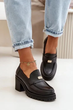 Zazoo 20168 Eleganckie Półbuty Damskie Na Słupku Skóra Naturalna Czarne