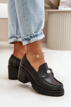 Zazoo 20168 Eleganckie Półbuty Damskie Na Słupku Skóra Naturalna Czarne