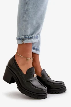 Zazoo 20168 Eleganckie Półbuty Damskie Na Słupku Skóra Naturalna Czarne