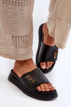 Zazoo 50101 Klapki Damskie Skórzane Na Platformie Czarne