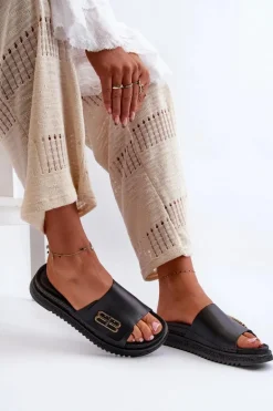 Zazoo 50101 Klapki Damskie Skórzane Na Platformie Czarne