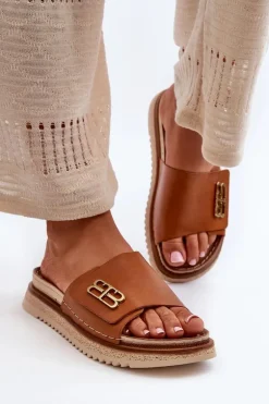 Zazoo 50101 Klapki Damskie Skórzane Na Platformie Brązowe