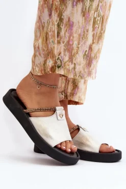 Zazoo 2896 Klapki Damskie Skórzane Biało-Złote