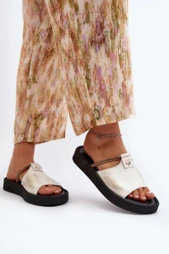 Zazoo 2896 Klapki Damskie Skórzane Biało-Złote