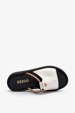 Zazoo 2896 Klapki Damskie Skórzane Biało-Złote