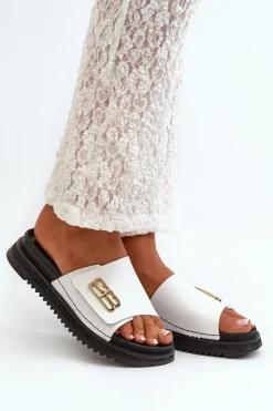 Zazoo 50101 Klapki Damskie Skórzane Na Platformie Białe