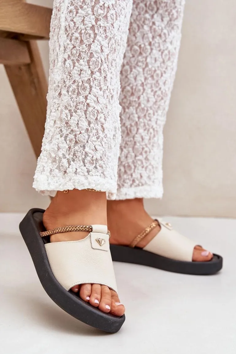 Zazoo 2896 Klapki Damskie Skórzane Beżowe