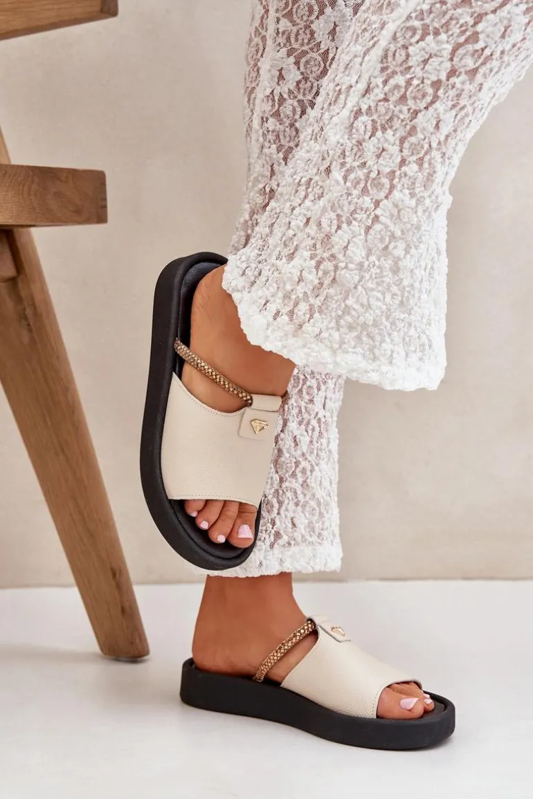 Zazoo 2896 Klapki Damskie Skórzane Beżowe