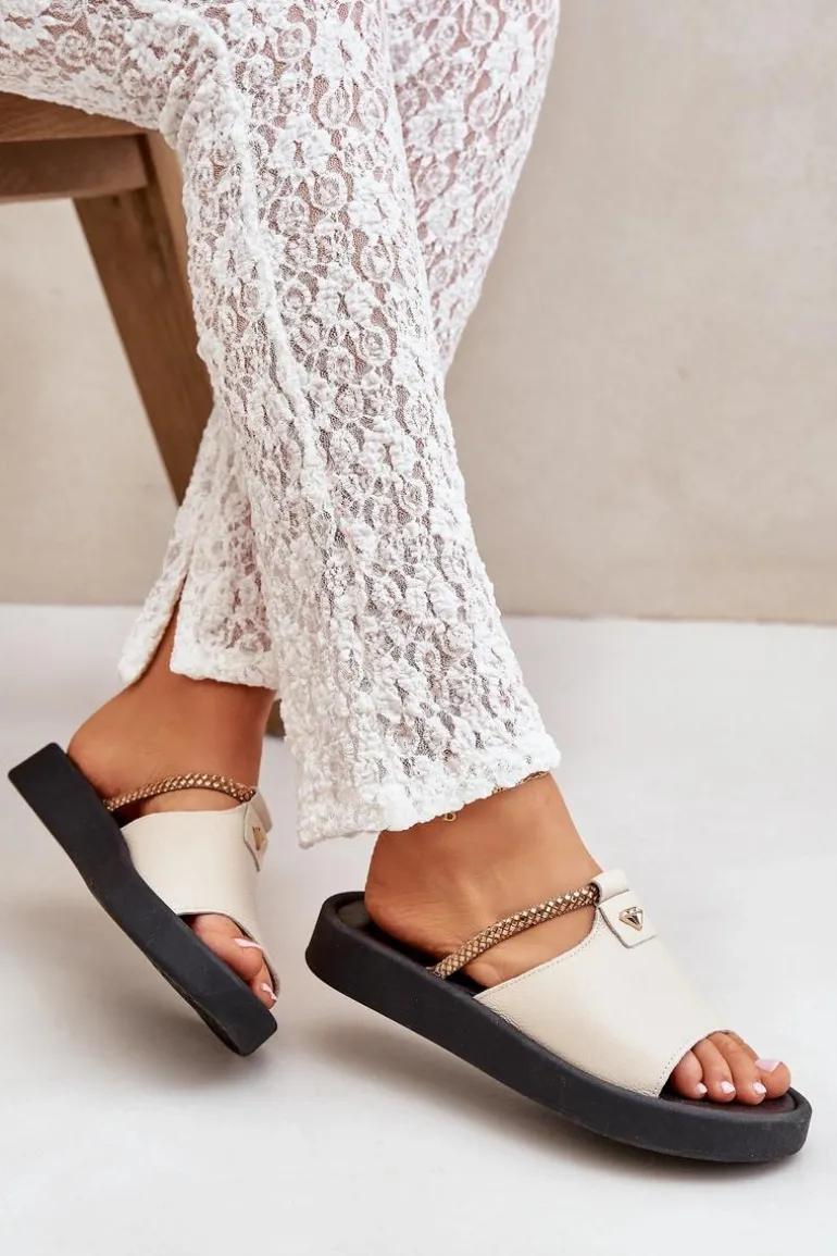 Zazoo 2896 Klapki Damskie Skórzane Beżowe