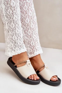 Zazoo 2896 Klapki Damskie Skórzane Beżowe