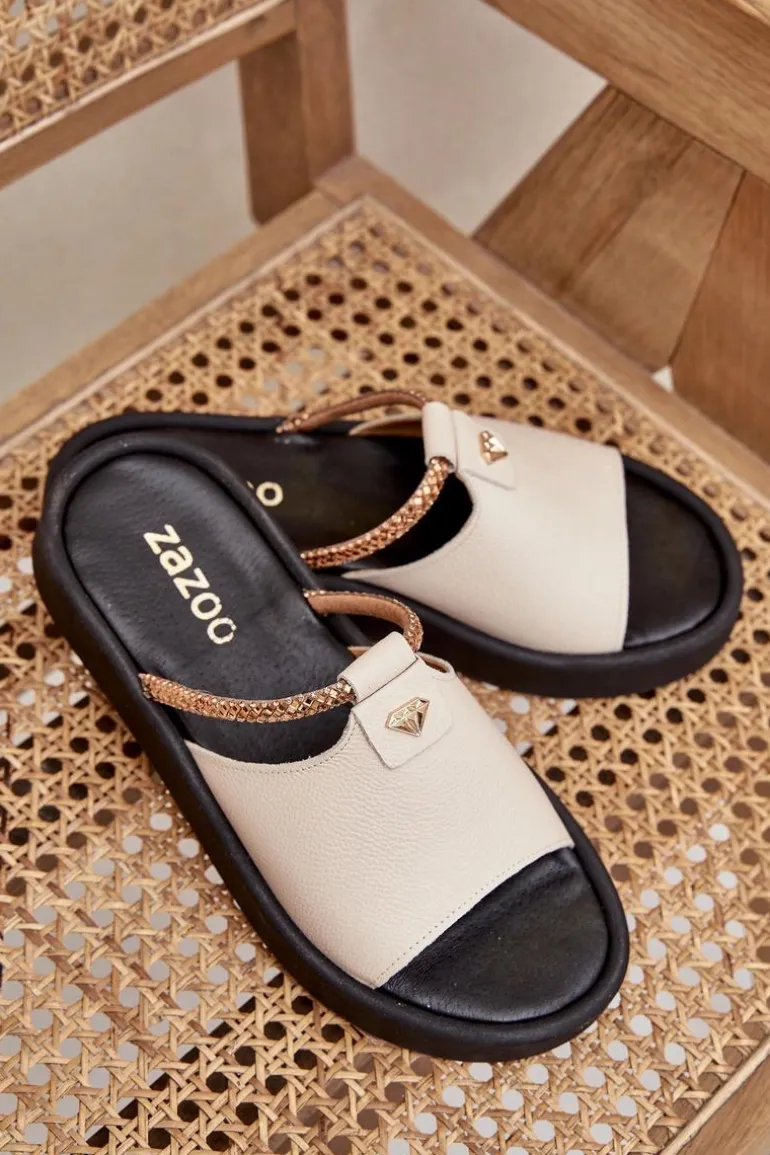 Zazoo 2896 Klapki Damskie Skórzane Beżowe