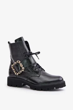 Zazoo 2951 Lakierowane Botki Z Ozdobną Klamrą Czarne