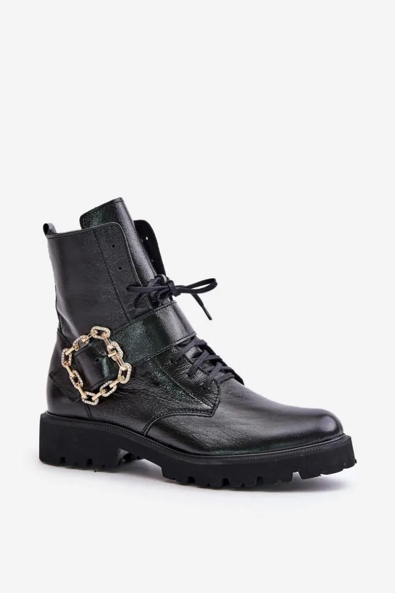 Zazoo 2951 Lakierowane Botki Z Ozdobną Klamrą Czarne