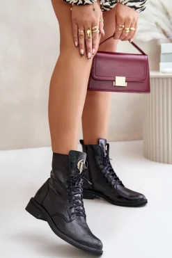 Zazoo 2955 Lakierowane Botki Workery Ze Złotym Detalem Na Języku Czarne