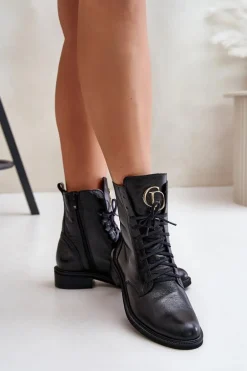 Zazoo 2955 Lakierowane Botki Workery Ze Złotym Detalem Na Języku Czarne