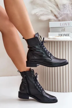 Zazoo 2955 Lakierowane Botki Workery Ze Złotym Detalem Na Języku Czarne