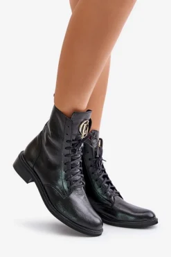 Zazoo 2955 Lakierowane Botki Workery Ze Złotym Detalem Na Języku Czarne