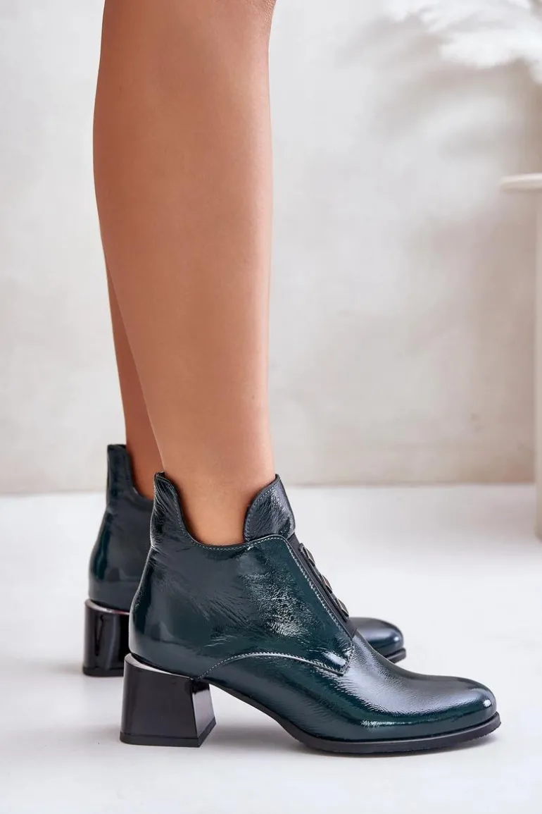 Zazoo 60504 Lakierowane Botki Na Klocku Ocieplane Ciemnozielone