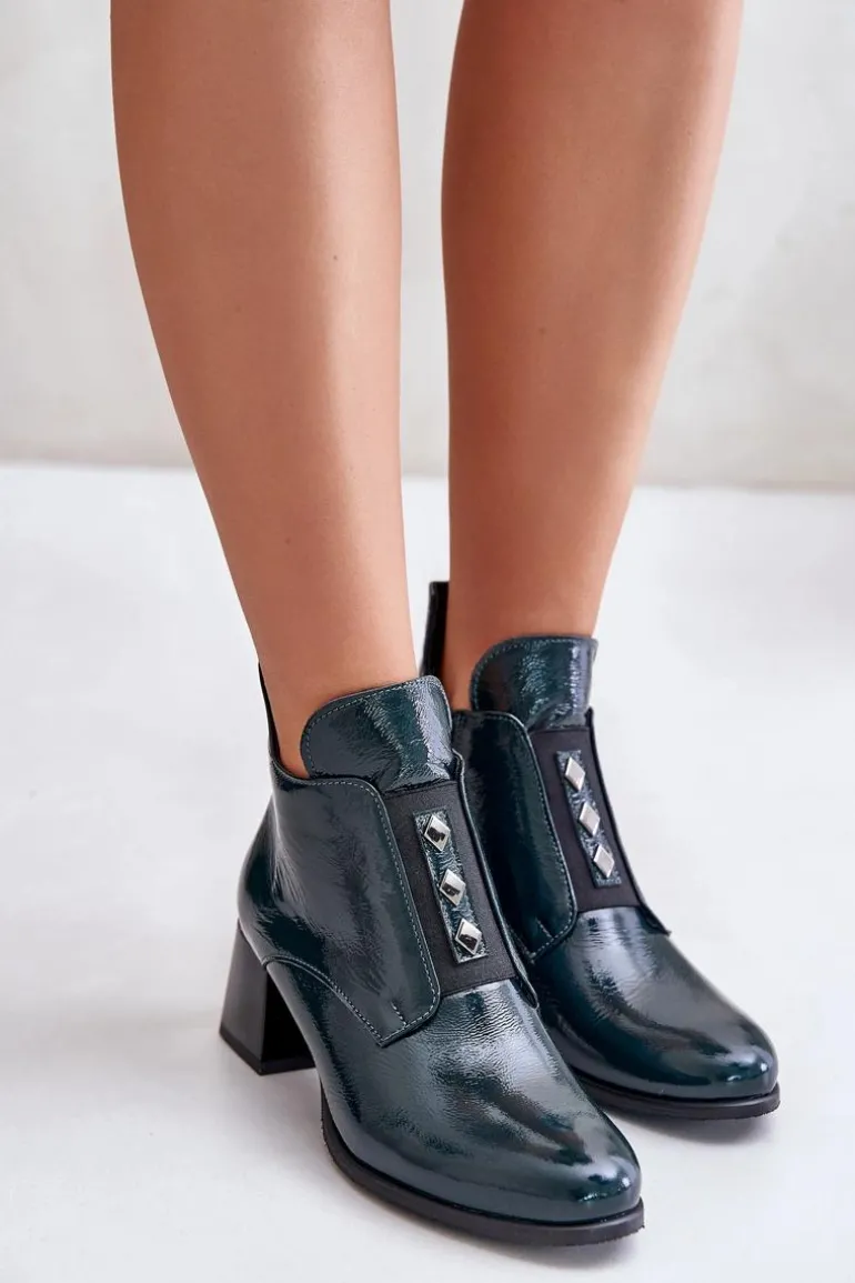 Zazoo 60504 Lakierowane Botki Na Klocku Ocieplane Ciemnozielone