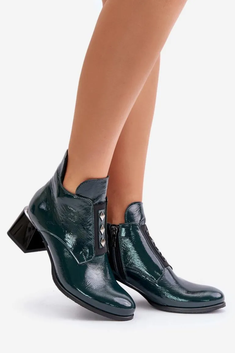 Zazoo 60504 Lakierowane Botki Na Klocku Ocieplane Ciemnozielone