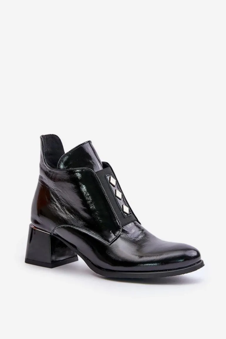 Zazoo 60504 Lakierowane Botki Na Klocku Ocieplane Czarne