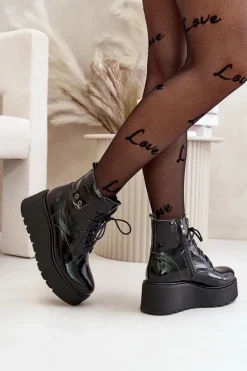 Zazoo 60499 Lakierowane Damskie Botki Na Platformie I Koturnie Ocieplane Skóra Naturalna Ciemnozielone