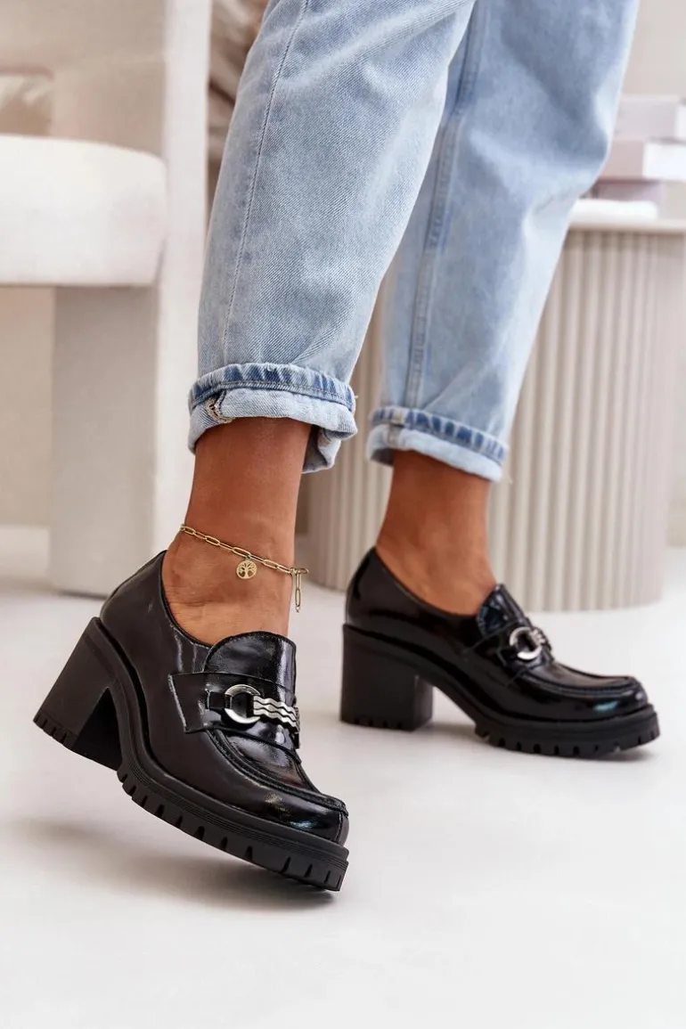 Zazoo 20175 Lakierowane Półbuty Damskie Na Słupku Skóra Naturalna Czarne