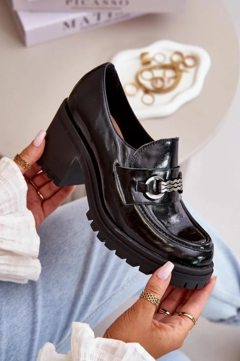 Zazoo 20175 Lakierowane Półbuty Damskie Na Słupku Skóra Naturalna Czarne