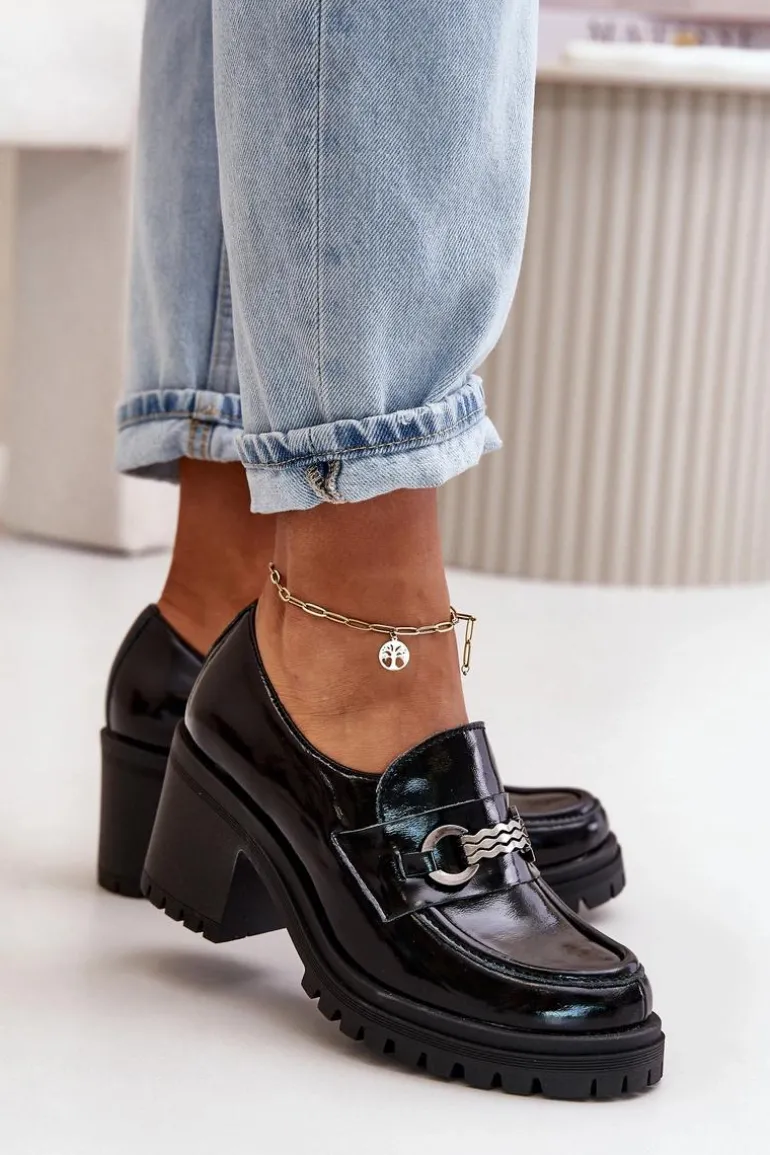 Zazoo 20175 Lakierowane Półbuty Damskie Na Słupku Skóra Naturalna Czarne