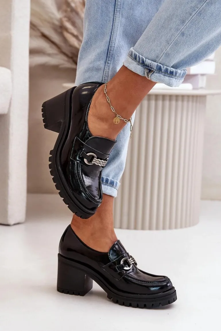 Zazoo 20175 Lakierowane Półbuty Damskie Na Słupku Skóra Naturalna Czarne