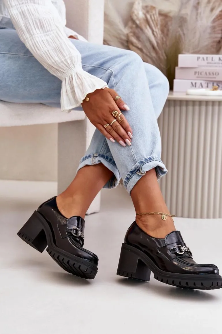 Zazoo 20175 Lakierowane Półbuty Damskie Na Słupku Skóra Naturalna Czarne