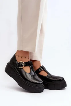 Zazoo 20102 Modne Lakierowane Półbuty Na Masywnej Platformie Czarne