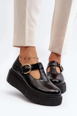 Zazoo 20102 Modne Lakierowane Półbuty Na Masywnej Platformie Czarne