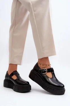 Zazoo 20102 Modne Lakierowane Półbuty Na Masywnej Platformie Czarne