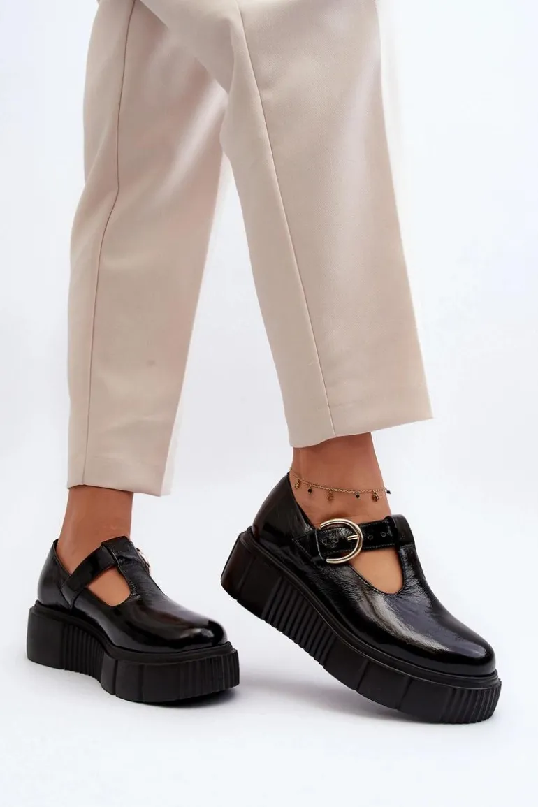 Zazoo 20102 Modne Lakierowane Półbuty Na Masywnej Platformie Czarne